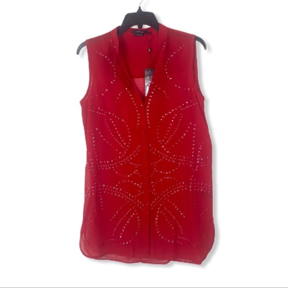 Vertigo Red studded sleeveless blouse semi sheer button down size small - Picture 6 of 13